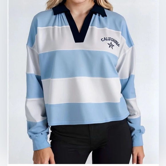 FOREVER 21 CALIFORNIA STRIPED GRAPHIC LONG-SLEEVE POLO TOP - Picture 1 of 6